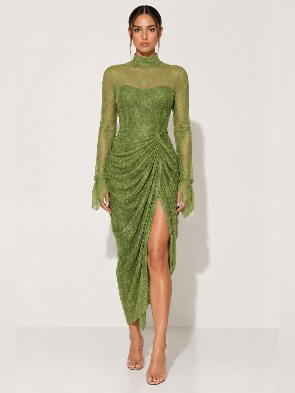 PrettyLittleThing Olive Lace High-Neck Ruched Midi Dress